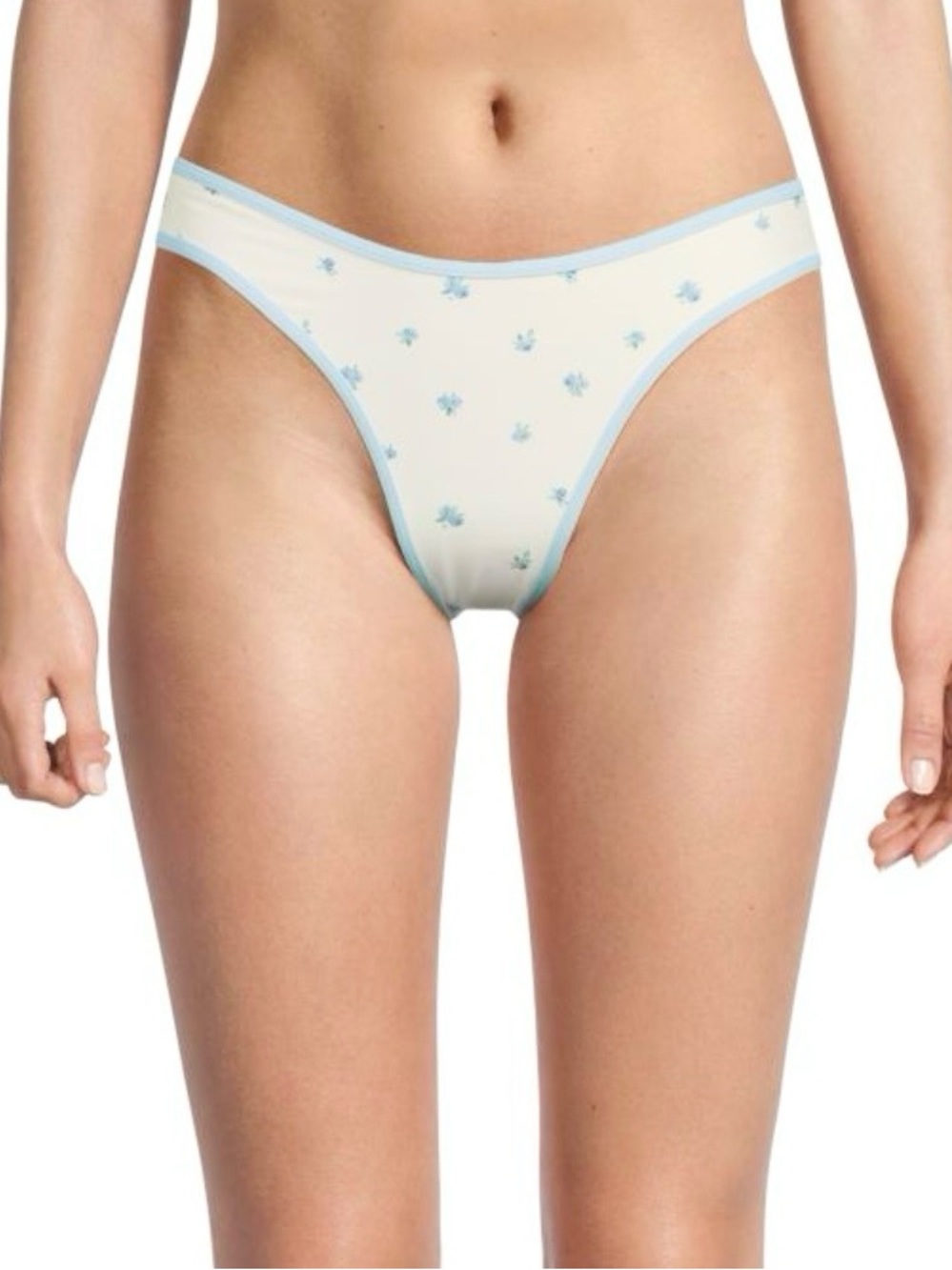 NWT WEWOREWHAT Floral Stretch Bikini Bottom Off-White with Light Blue Trim S